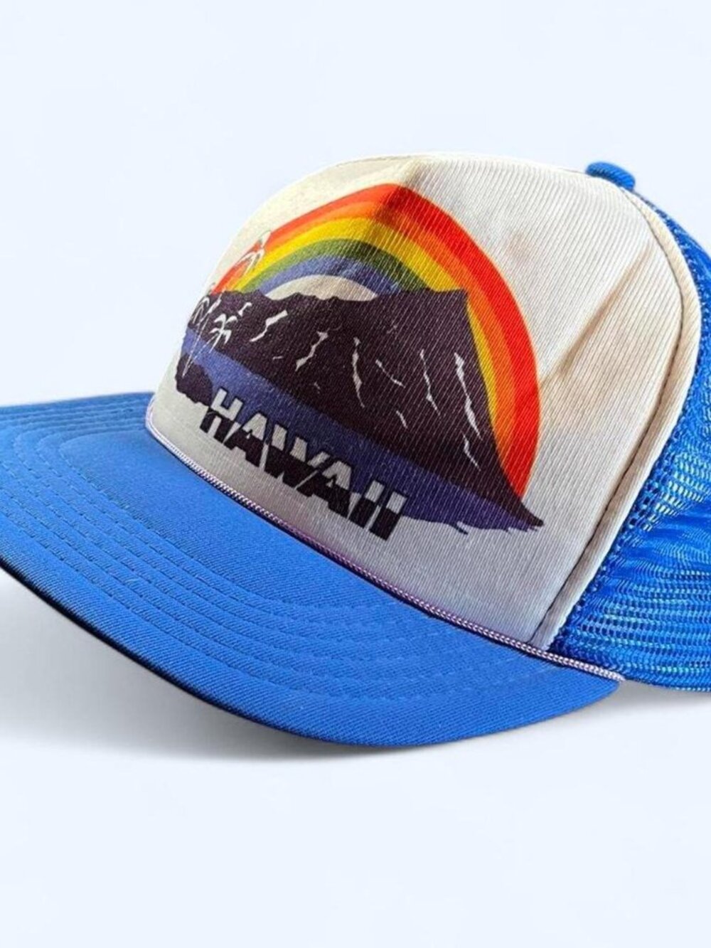 VTG Hawaii Rainbow Travel Souvenir Blue White Snapback 90s Trucker Hat